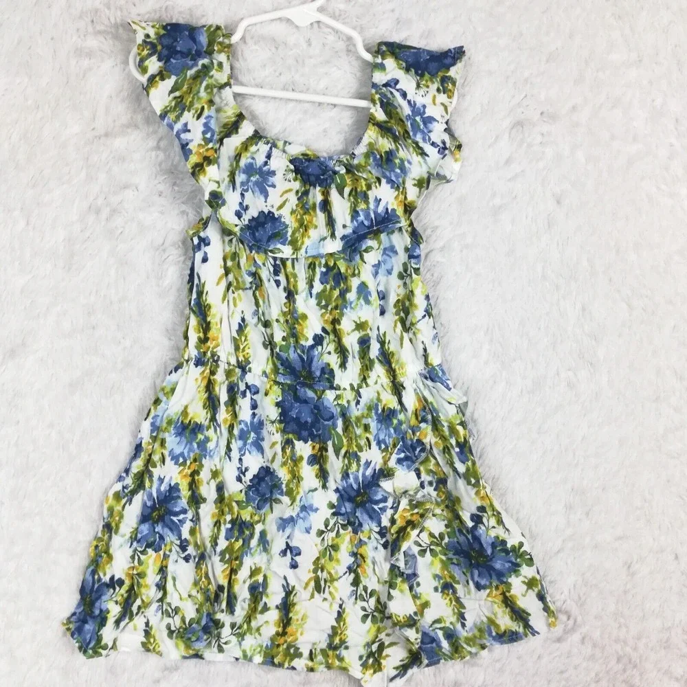 Btween Girls Dress Midi Blue White Floral Cap Sleeve Scrunchie Ruffle 6‎ New